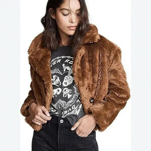 Free People Mena Brown Faux Fur Cropped Teddy Coat Jacket Size Small